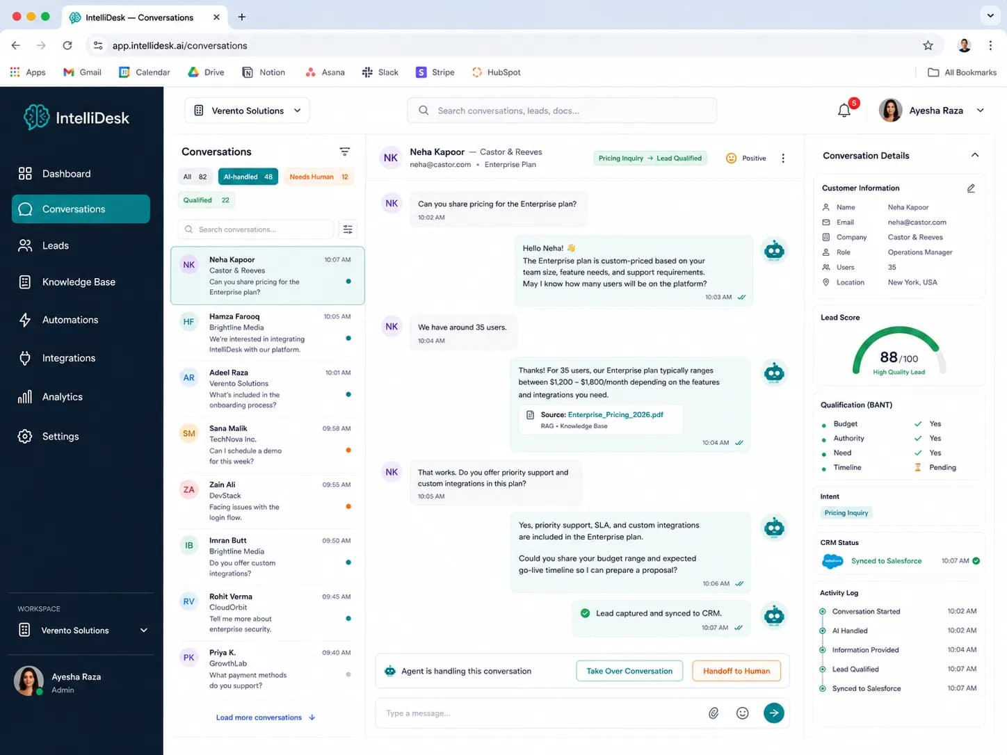 IntelliDesk Autonomous AI Support & Lead Qualification Agent